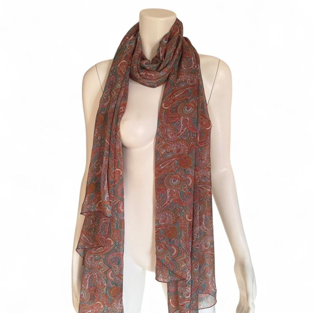 Boho Paisley Oversized Sheer Scarf Rust Teal 70s Romantic Wrap Oversized